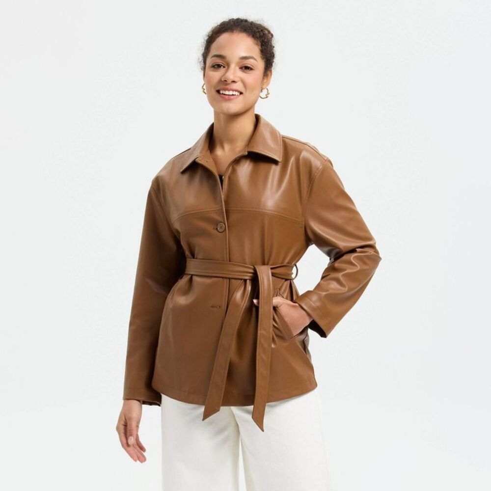 Women's Tie-Waist Trench Coat - A New Day Brown S